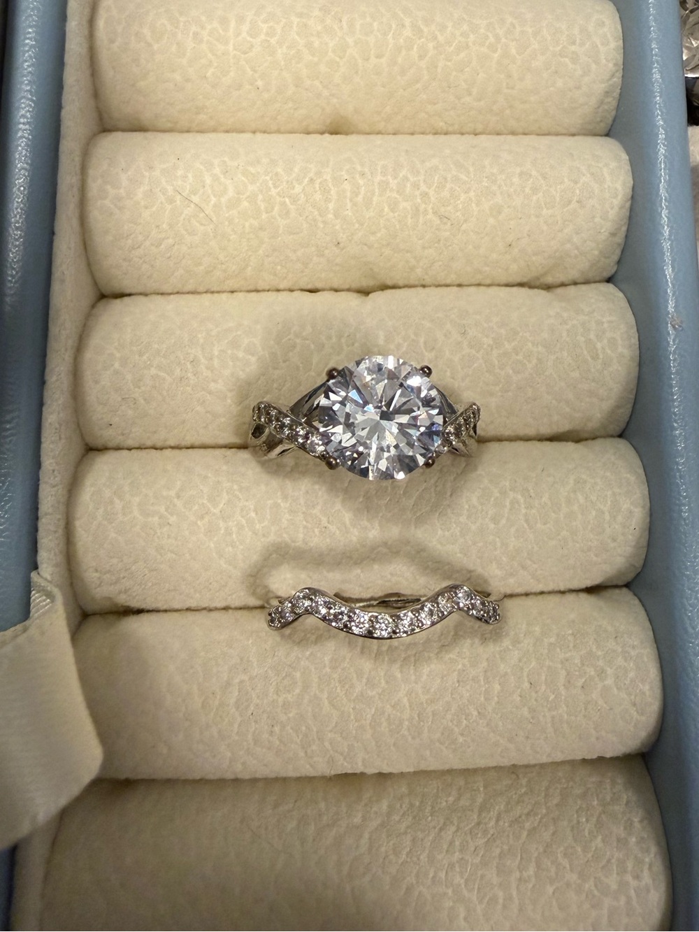 Silver-Tone Round Cubic Zirconia Engagement Ring and Curved Band Set - Clear
